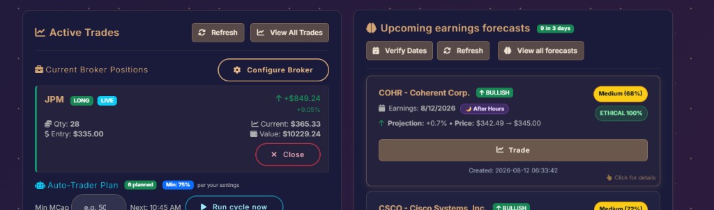 Close-up of a live long position next to an earnings forecast
