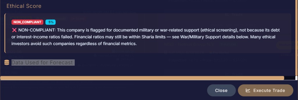 Ethical score warning before executing a trade